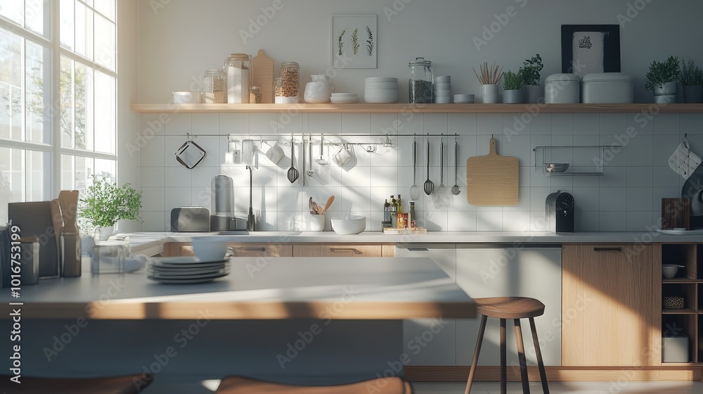 A modern kitchen with an island cooking space and a cozy eating nook, complemented by stylish kitchenware and minimalistic decor. A modern kitchen with an island cooking space and a cozy eating nook, complemented by stylish kitchenware and minimalistic decor.