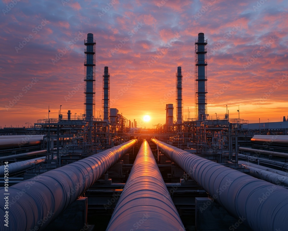 Industrial Majesty Symmetrical Sunset Silhouette of Pipelines and Structures in Warm Glow - Vastness and Power of Industry Industrial Majesty Symmetrical Sunset Silhouette of Pipelines and Structures in Warm Glow - Vastness and Power of Industry
