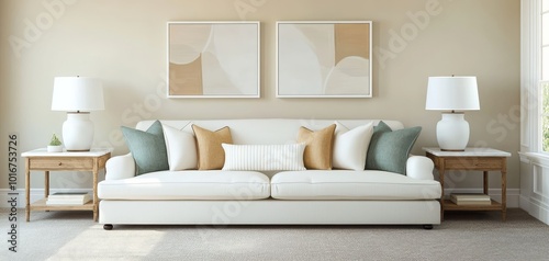 Symmetrical Minimalist White Sofa in Contemporary Living Room with Abstract Art, Natural Light, and Serene Atmosphere