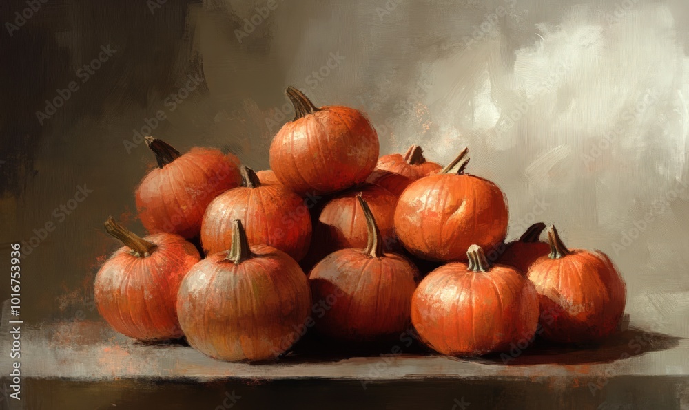 A still life painting of a pile of orange pumpkins on a wooden surface with a soft, diffused light. A still life painting of a pile of orange pumpkins on a wooden surface with a soft, diffused light.