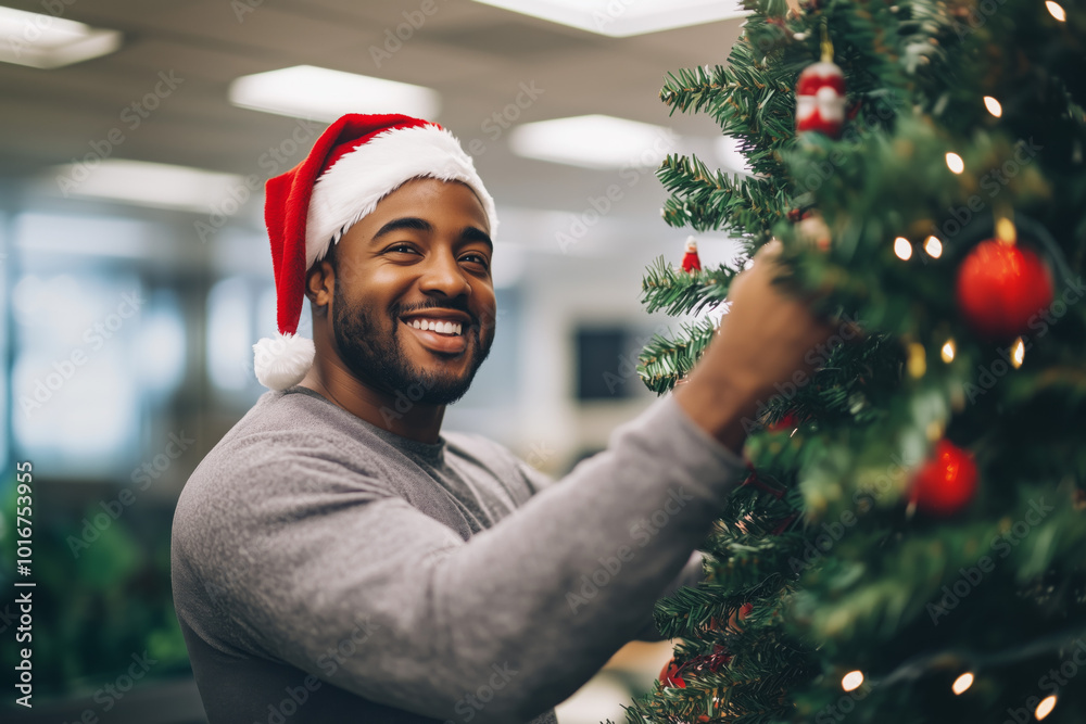 A young black man wearing santa hat is smiling while decorating a Christmas tree in an office. A young black man wearing santa hat is smiling while decorating a Christmas tree in an office.