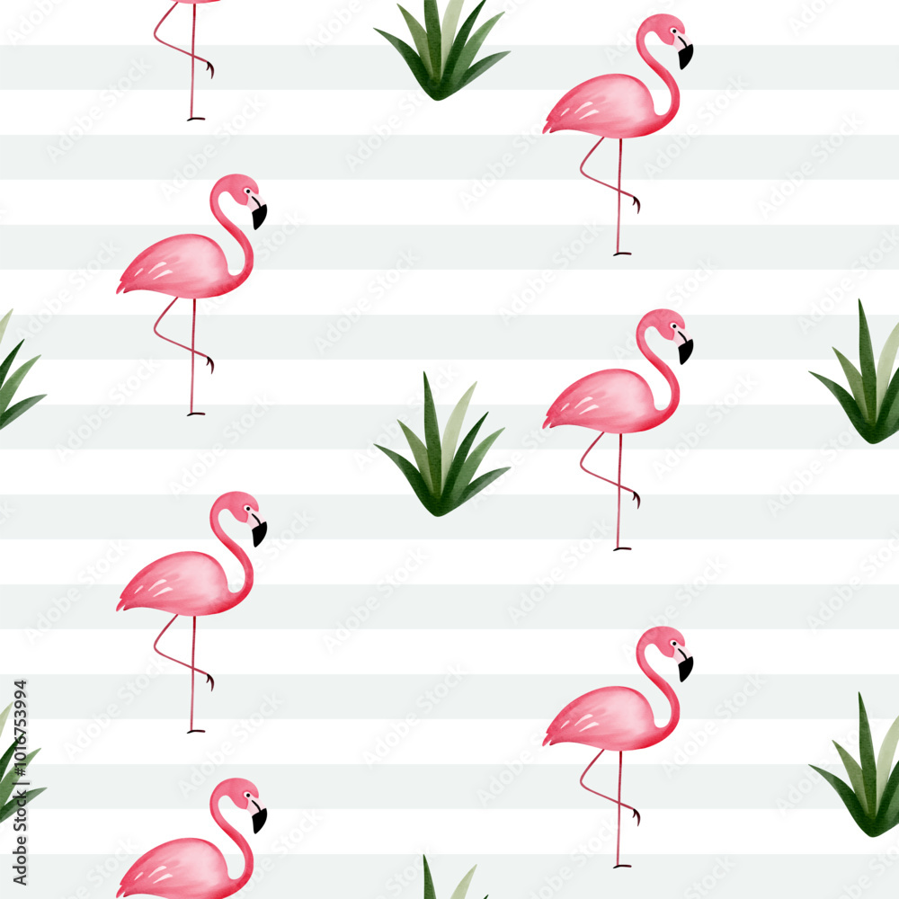 Fototapeta premium Watercolor flamingo wallpaper. Cute seamless pattern with watercolor flamingo. Tropical bird background.