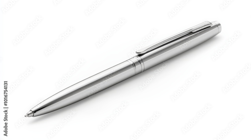 Sleek silver ballpoint pen isolated on a white background, showcasing elegance and minimalism in office supplies. Sleek silver ballpoint pen isolated on a white background, showcasing elegance and minimalism in office supplies.