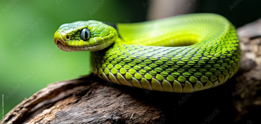 Fototapeta premium Vibrant Green Snake Closeup on Curled Branch in Natural Habitat - Serene Wildlife Photography