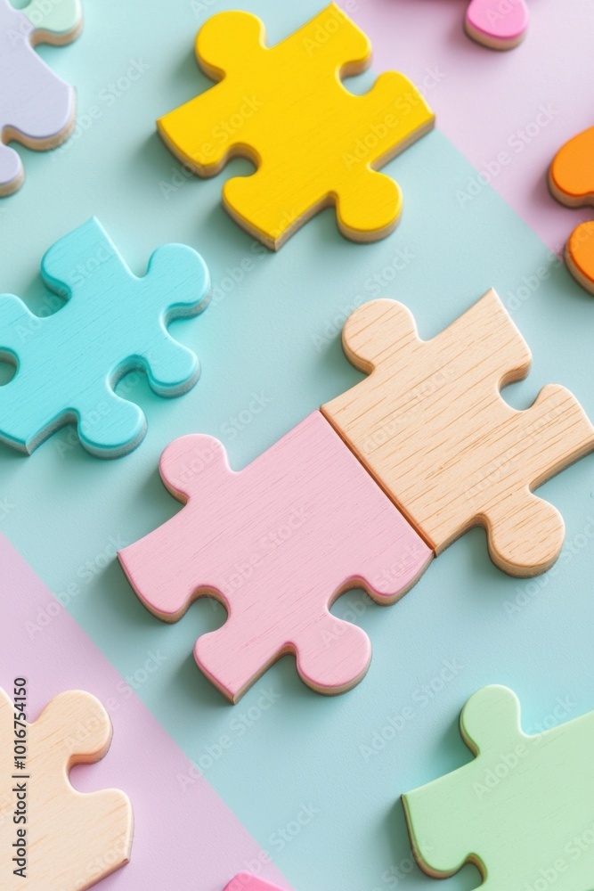 Fototapeta premium Colorful puzzle pieces on a pastel background, playful and engaging composition.