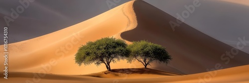 Two trees in the desert's heart, a mountain backs them up,..Cloud-strewn sky above, background completes their dup