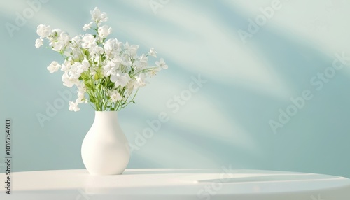 Elegant white flowers in a vase on a table against a soft-colored background. #1016754703