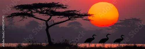  A collection of birds before a tree as the sun sets and fog blankets the air