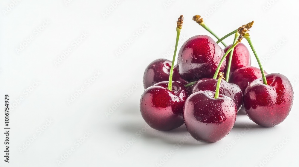 A small bundle of deep red cherries with stems, arranged on a white background, emphasizing the freshness and vibrant color. A small bundle of deep red cherries with stems, arranged on a white background, emphasizing the freshness and vibrant color.