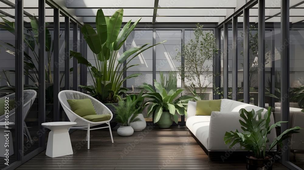 Fototapeta premium Green cozy sunroom with white furniture and dark wooden floor