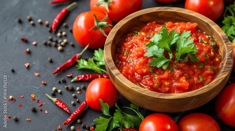 Vibrant Tomato Salsa in Wooden Bowl with Fresh Ingredients on Slate Background - Culinary Delight for Food Blog or Cookbook Cover Vibrant Tomato Salsa in Wooden Bowl with Fresh Ingredients on Slate Background - Culinary Delight for Food Blog or Cookbook Cover