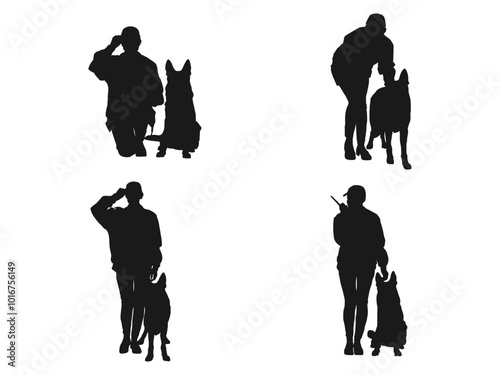 female police officer with dog silhouettes. Policewoman standing among two police dogs black silhouettes. Trained aggressive dog silhouette vector set. Policewoman Silhouette on white background. 