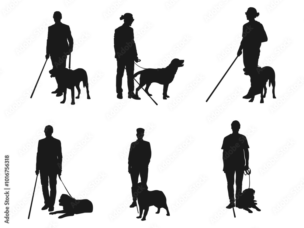 Young blind man with guide dog silhouettes. Silhouette of man Walking Her Dog - Guide Dog. Silhouette blind man with stick walks beside guide dog leads. Silhouette on white background. Young blind man with guide dog silhouettes. Silhouette of man Walking Her Dog - Guide Dog. Silhouette blind man with stick walks beside guide dog leads. Silhouette on white background.