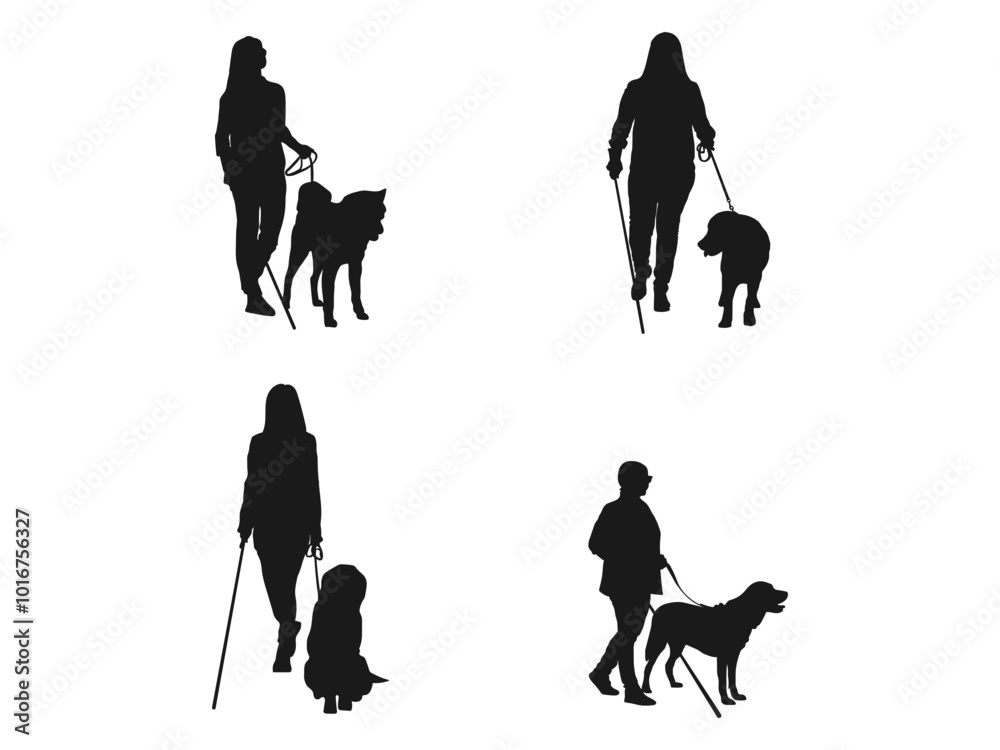 young blind woman with guide dog. Silhouette of Woman Walking Her Dog - Guide Dog. Silhouette blind woman with stick walks beside guide dog leads. Silhouette on white background. 