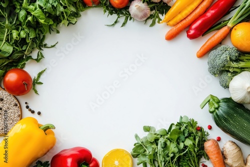 Fresh colorful vegetables framing empty space on white background