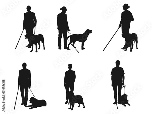 Young blind man with guide dog silhouettes. Silhouette of man Walking Her Dog - Guide Dog. Silhouette blind man with stick walks beside guide dog leads. Silhouette on white background. 