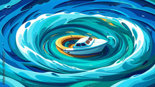 A small white boat anchored in the center of a large, swirling whirlpool of turquoise and azure ocean water, aerial view during a summer day with sunlight glimmering on the surface., high detail