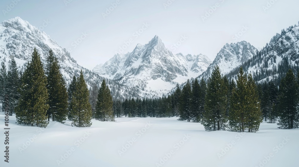 Majestic Snow-Covered Mountain Range in Serene Alpine Valley, Wide-Angle Landscape Photography with Evergreen Trees, Tranquil Winter Scene for Nature Lovers and Travel Enthusiasts Majestic Snow-Covered Mountain Range in Serene Alpine Valley, Wide-Angle Landscape Photography with Evergreen Trees, Tranquil Winter Scene for Nature Lovers and Travel Enthusiasts