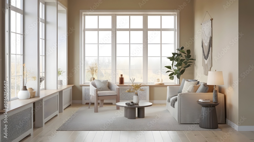 Minimalistic sunroom with large windows and warm ambiance Minimalistic sunroom with large windows and warm ambiance