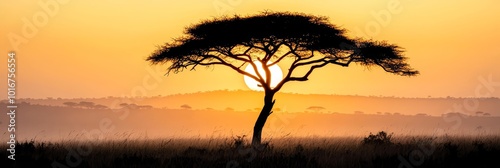  A tree stands solitarily as the sun sets, silhouetted against its backdrop of a grassy field dotted with trees photo