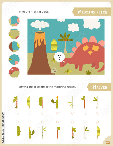 Activity Pages for Kids. Printable Activity Sheet with dinosaur Activities – matching game, find missing piece. Vector illustration.