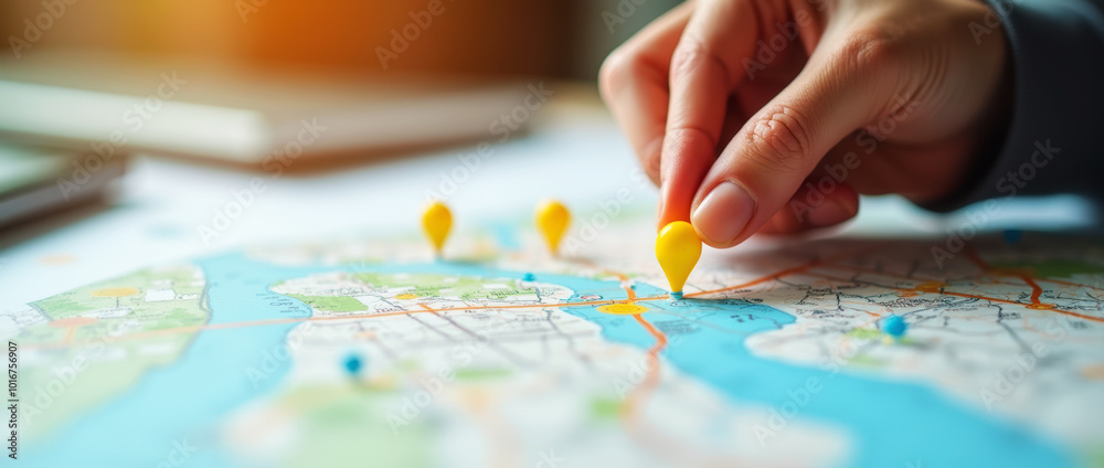 Selecting Destination: Hand Places Yellow Marker on Map with Various Colored Pins Selecting Destination: Hand Places Yellow Marker on Map with Various Colored Pins