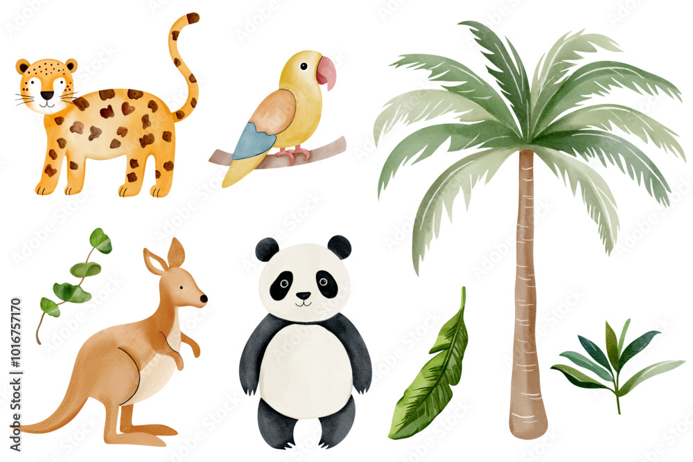 Naklejka premium Watercolor jungle animals and palm tree. Wild panda, parrot, kangaroo, leopard. Hand drawn safari set.