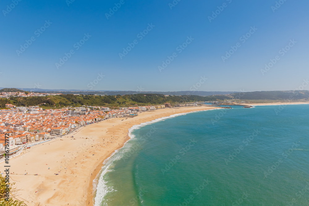 Aerial view of the city of Nazare, Portugal and the Praia, Portugal