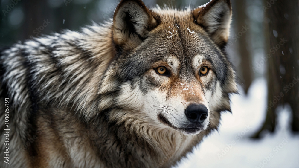 Majestic wolf in snowy forest with focused gaze on serene winter day under falling snowflakes. Majestic wolf in snowy forest with focused gaze on serene winter day under falling snowflakes.