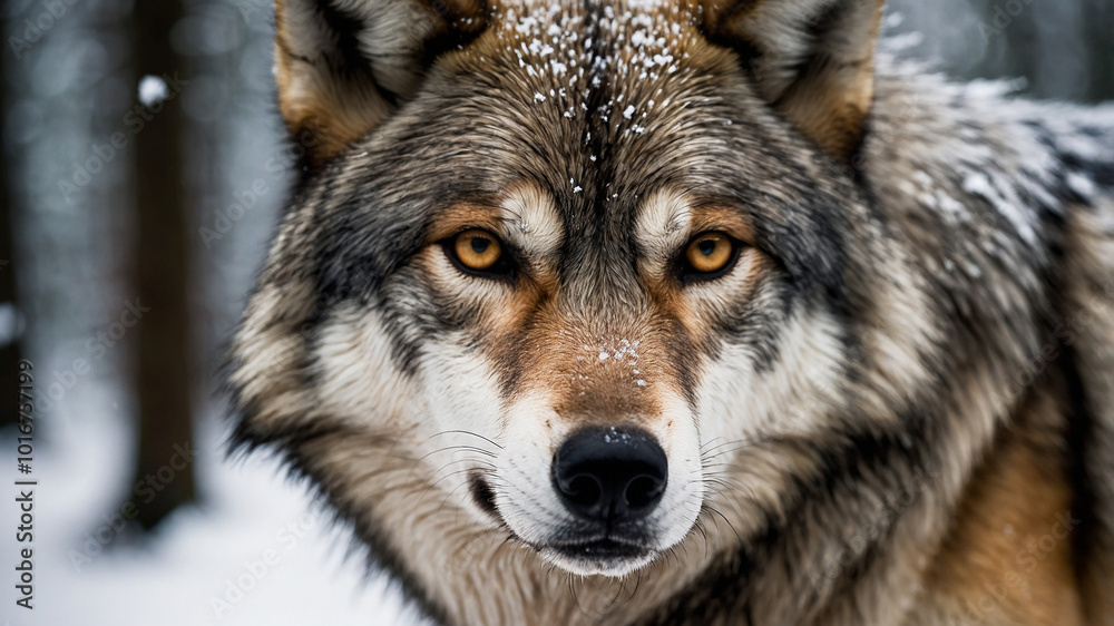 Fototapeta premium Majestic wolf in snowy forest with focused gaze on serene winter day under falling snowflakes.