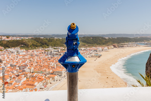 Obraz na płótnie Blue telescope overlooking the bay of Nazare, Portugal w salonie