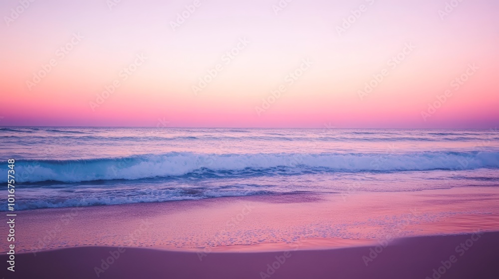 Pink Sunset Over Ocean Waves On Sandy Beach Pink Sunset Over Ocean Waves On Sandy Beach