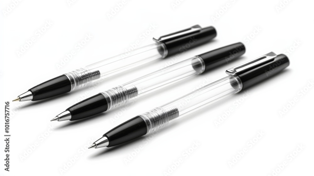 Three sleek black ballpoint pens with clear barrels arranged diagonally on a white background for office, school, or business use. Three sleek black ballpoint pens with clear barrels arranged diagonally on a white background for office, school, or business use.