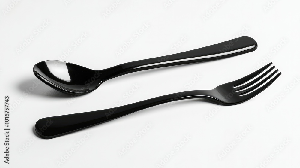 Black takeaway fork and spoon on a white background, emphasizing modern and elegant food delivery cutlery. Black takeaway fork and spoon on a white background, emphasizing modern and elegant food delivery cutlery.