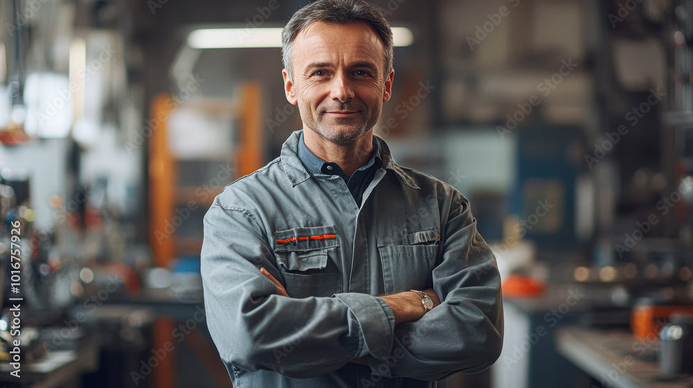 A man in a grey uniform stands in a workshop with his arms crossed A man in a grey uniform stands in a workshop with his arms crossed