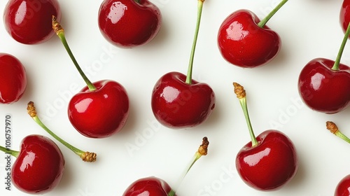 Bright red cherry cluster with fresh green stems and shiny skin, laid out on a crisp white background, ideal for food advertising.