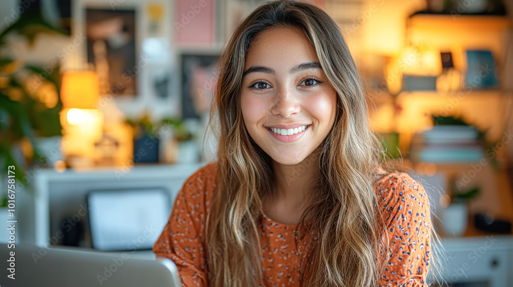 A woman with long brown hair is smiling at the camera A woman with long brown hair is smiling at the camera