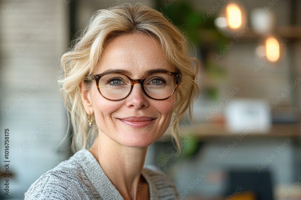 A woman with glasses is smiling and looking at the camera A woman with glasses is smiling and looking at the camera