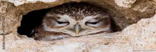  A tight shot of a small owl in a cave, with its eyes shut and head atop a rock