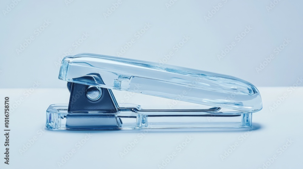 Transparent stapler on a white surface with a minimalist design, perfect for office and school use, isolated on a light background. Transparent stapler on a white surface with a minimalist design, perfect for office and school use, isolated on a light background.
