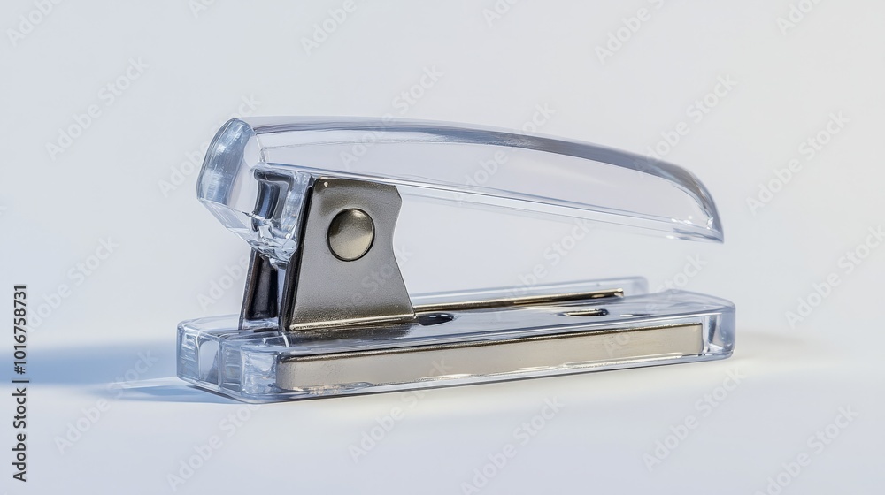 Transparent stapler with a sleek design on a white background, perfect for office or school supplies, minimalistic and modern. Transparent stapler with a sleek design on a white background, perfect for office or school supplies, minimalistic and modern.