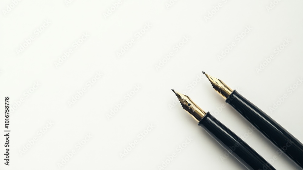 Two elegant fountain pens with sleek black bodies and gold nibs, resting on a plain white background, symbolizing sophistication and writing. Two elegant fountain pens with sleek black bodies and gold nibs, resting on a plain white background, symbolizing sophistication and writing.