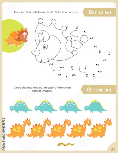 Activity Pages for Kids. Printable Activity Sheet with Dinosaur Activities – dot to dot, odd one out game. Vector illustration.