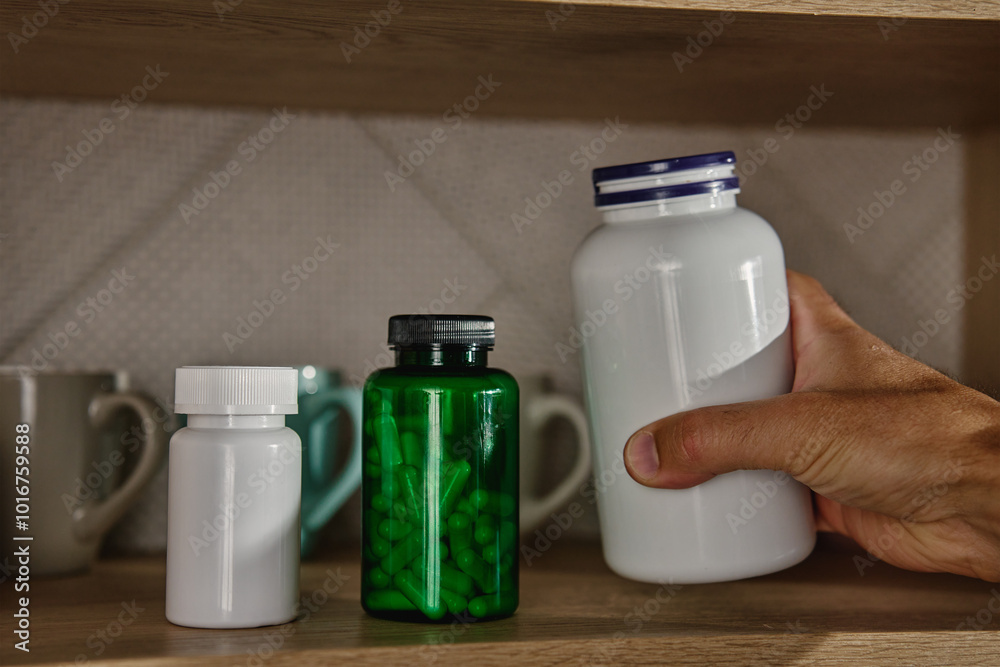 Close-up of hand taking supplement bottle on kitchen shelf. Kitchen cabinet with mugs and medical containers with pills and vitamins. Taking pills or vitamins for health care