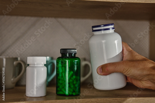 Obraz na płótnie Close-up of hand taking supplement bottle on kitchen shelf. Kitchen cabinet with mugs and medical containers with pills and vitamins. Taking pills or vitamins for health care w salonie
