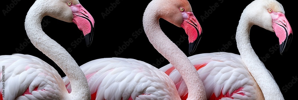 Naklejka premium A trio of flamingos silhouetted against a black backdrop