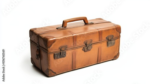 Vintage leather suitcase on white background. Perfect for travel-themed designs or retro style projects. Classic and elegant appeal.