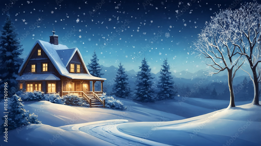 Cozy winter scene with snow-covered house under starry night sky, glowing warm lights, and serene beauty. Cozy winter scene with snow-covered house under starry night sky, glowing warm lights, and serene beauty.