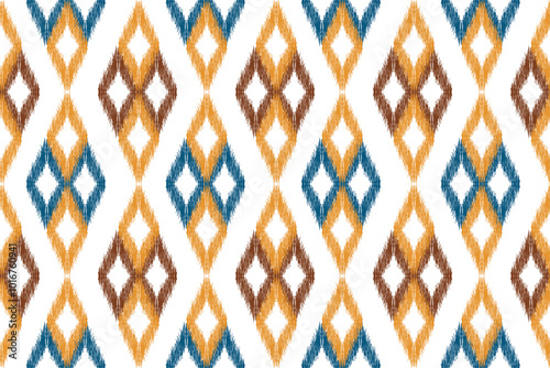 Ikat blue Abstract Ethnic Art, Seamless Pattern in Tribal, Folk Embroidery, and Mexican Style, Aztec Geometric Ornament Print, Design for Carpet, Wallpaper, Wrapping, Fabric, Clothing	