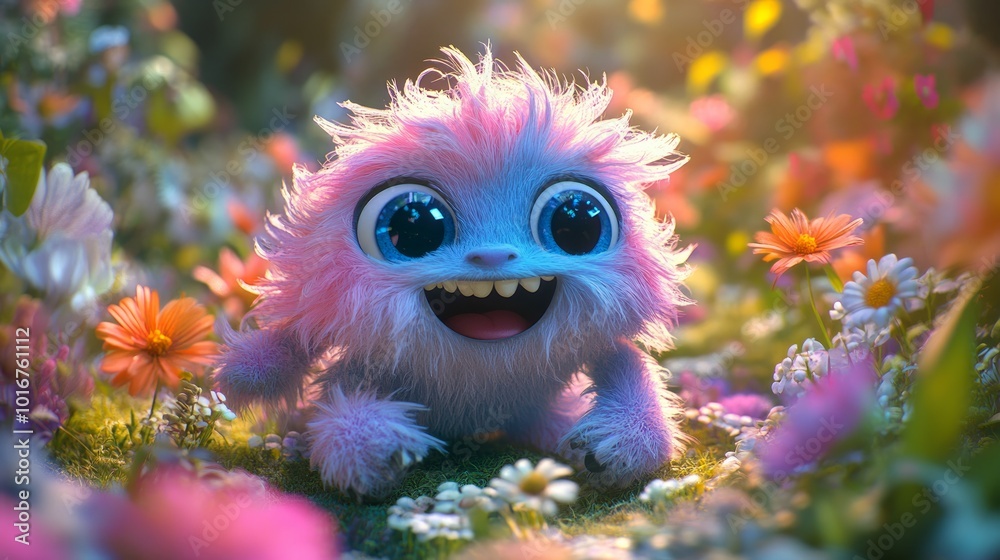 A cute, fluffy, cartoon creature with big eyes and a toothy grin sits in a field of flowers. A cute, fluffy, cartoon creature with big eyes and a toothy grin sits in a field of flowers.